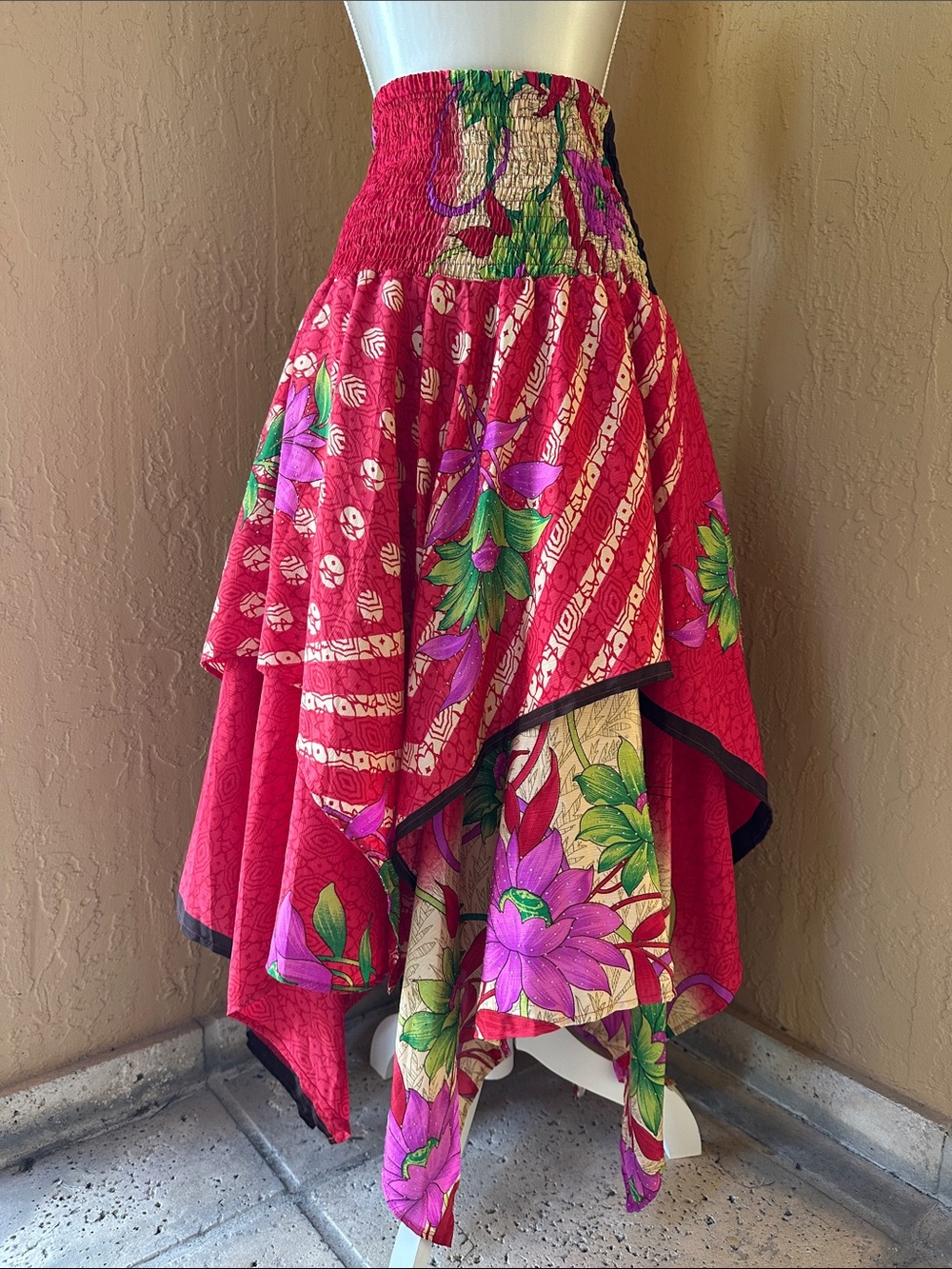 Asymmetrical Red Floral Boho Skirt - Unbranded